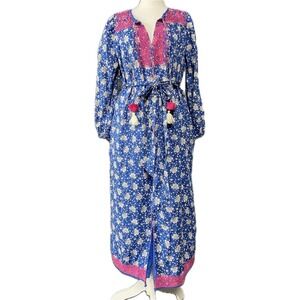 J Crew Womens Dress Large Medium Blue Midi Embroided Cotton Boho‎ Romantic